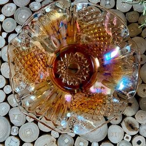 Vintage Marigold Carnival Glass Bowl w/ Diamond Cut Ruffle Edges